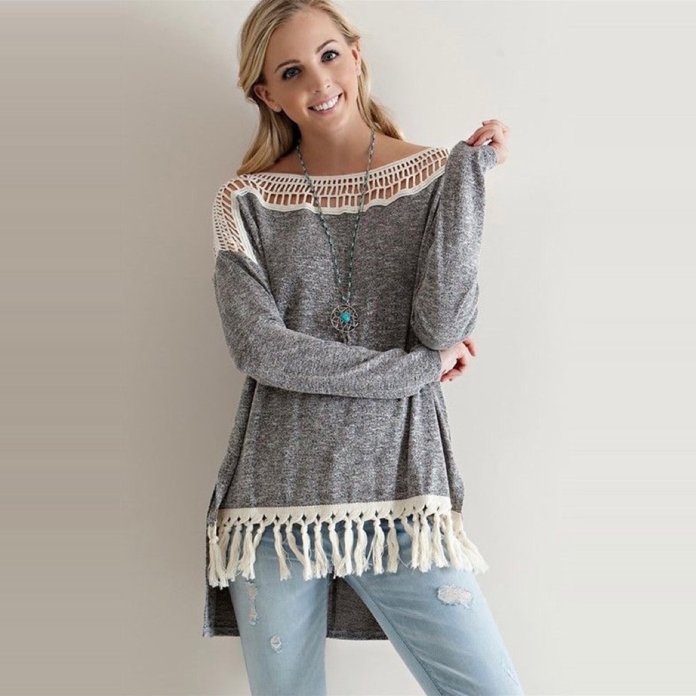 Crochet Lace Fringe Trim High Low Knit Top - Picture 6 of 6